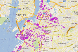 A visual map plotting locations of artist studios nominated in the Brooklyn Museum's GO project